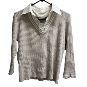 VTG Y2K Faded Glory Preppy Beige and White Collared V-Neck Knit Sweater SZ M
